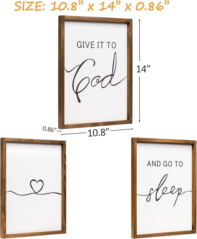 Set of 3 Framed Farmhouse Give it to God and Go to Sleep Signs 11x14” Above Bed Wall Decors for Bedroom Wood Signs (11x14 inches, Brown)