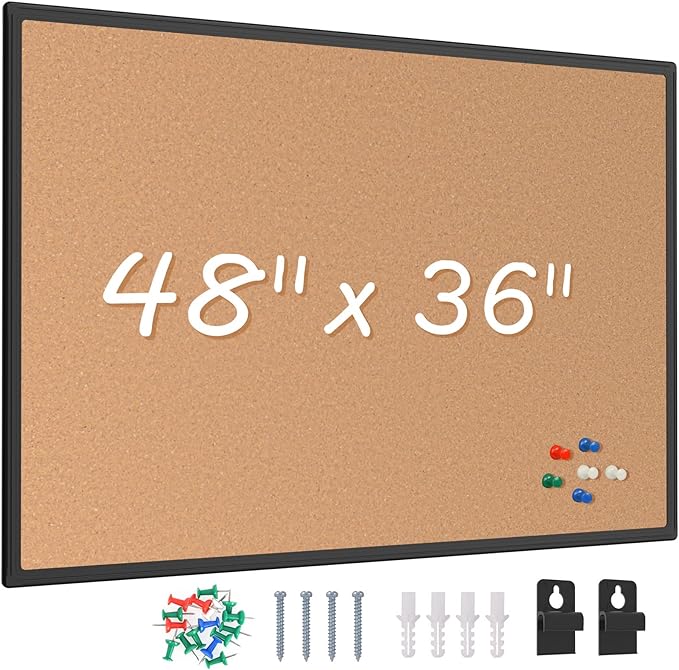 Bulletin Board 48 x 36, Black Aluminium Framed 4x3 Corkboard , Large Wall Mounted Notice Board with 18 Push Pins for School, Home & Office