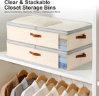 Under Bed Storage Bins - 98L Height-adjustable Under Bed Storage Containers, Compression Blanket Storage Comforter Storage Sweater Storage, Clothes Storage Bins With Clear Window, 3 Pack Beige