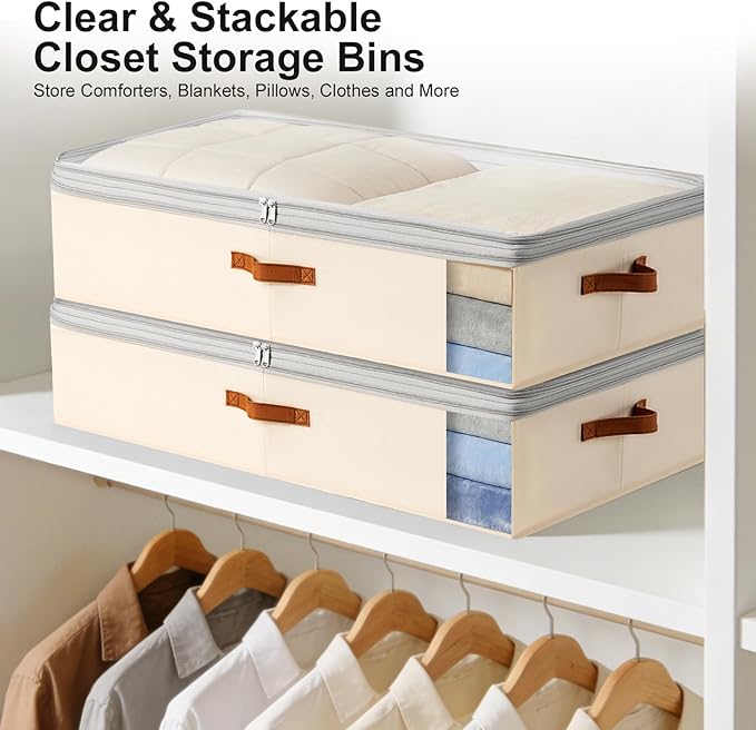 Under Bed Storage Bins - 98L Height-adjustable Under Bed Storage Containers, Compression Blanket Storage Comforter Storage Sweater Storage, Clothes Storage Bins With Clear Window, 2 Pack Beige