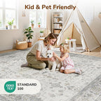Lessymo 8x10 Area Rugs for Bedroom, Large Washable Rug for Living Room Dining Home Office, Soft Non-Slip Vintage Floral Neutral Carpet, Boho Neutral Farmhouse Decor, Taupe Grey