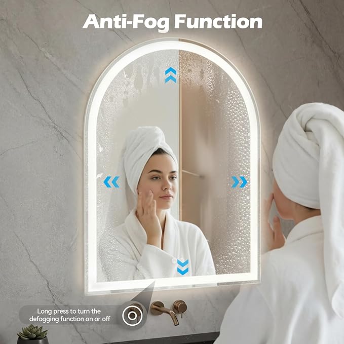 Sweetcrispy 28“x 36” LED Bathroom Backlit Mirror with Lights, Arched Vanity Mirror with Anti-Fog, Dimmable, 3-Color Light, Memory Function, Tempered Glass