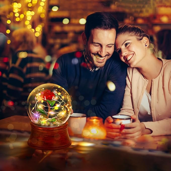 Rose Snow Globe Music Box, Preserved Red Rose Flower Musical Snow Globes, LED Light Up Rose Snowglobe Water Globe Romantic Gift for Women Girls in Mother's Day, Anniversary, Christmas