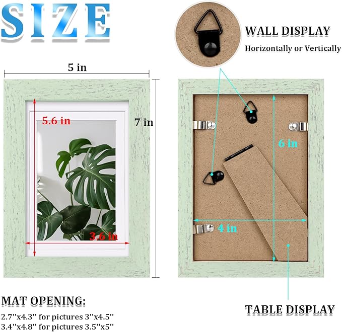 Egofine 4x6 Picture Frames Set of 4, Made of Solid Wood Covered by Plexiglass 3x4.5 and 3.5x5 with Mat or 4x6 without Mat, for Table Top Display and Wall Mounting Photo Frame, Rustic Green