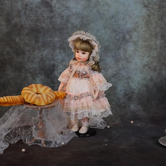 18 Inch Kawaii Porcelain ＆ Fabric Doll Cute European Retro Handmade Ceramic Doll with Showing Stand for Room Decor, Birthday Gifts, Collectible ，Name Olivier (Pink)