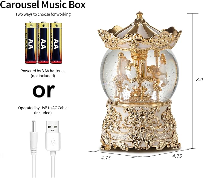 Carousel Musical Snow Globe Princess Unicorn Music Box for Girls Women Baby Kids Sister Daughter Mom Granddaughter Grandma Christmas Birthday Presents Gifts (Gold)