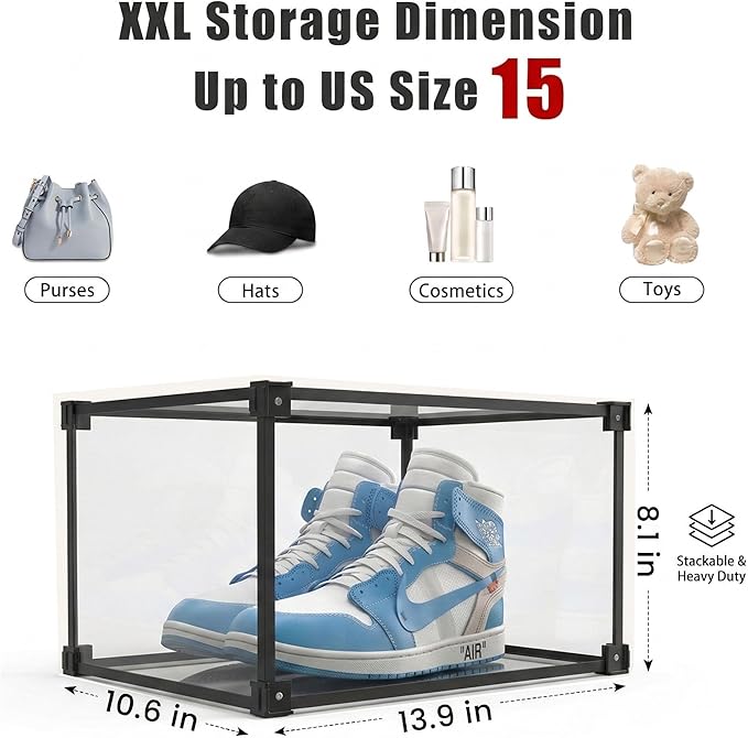 Transparent Plastic Storage Clear Shoe Display Case Box Organizer - Magnetic Side Open, 16PC (Black)
