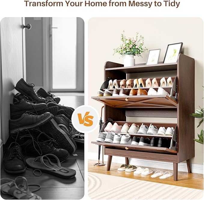 Shoe Storage Cabinet with 2 Flip Drawers, Entryway Shoe Cabinet with 2 Metal Hooks & Adjustable Shelves Freestanding Shoe Organizer Narrow Shoe Rack for Entrance Hallway Foyer Front Door,Rustic Brown