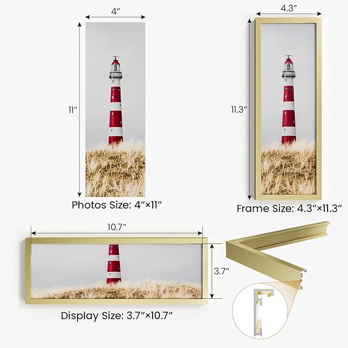 4x11 Aluminum Metal Picture Frame,Tempered Glass Gold Photo Frame 4x11 for Family Photo,Posters,Art,Document to Wall Mount Horizontally or Vertically