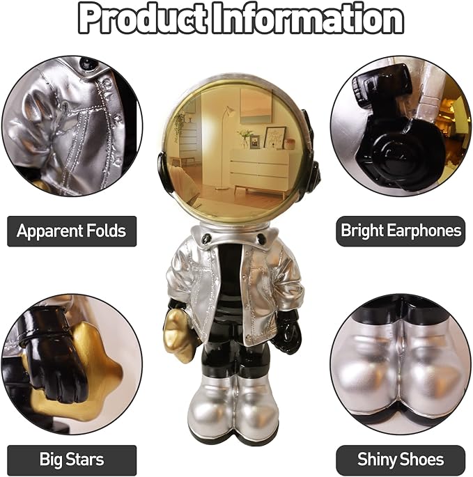Dosker Astronaut Statues Spaceman Sculpture Polyresin Arts Gifts Silver Figurine Ornament Room Decor for Men,Home and Crafts Desktop Accessories Tabletop Decoration, Living Room, Office, Bookshelf