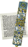 Mezuzah with Scroll for Door, Enamel&Zinc Alloy Blessing Mezuzah Case for Door, Colored Painted Mezuzha Scroll Kosher for Jewish Gifts/Jewish Decor, Christmas (White and Blue, 1.22x5.98 in)