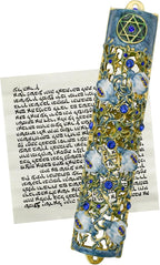 Mezuzah with Scroll for Door, Enamel&Zinc Alloy Blessing Mezuzah Case for Door, Colored Painted Mezuzha Scroll Kosher for Jewish Gifts/Jewish Decor, Christmas (White and Blue, 1.22x5.98 in)