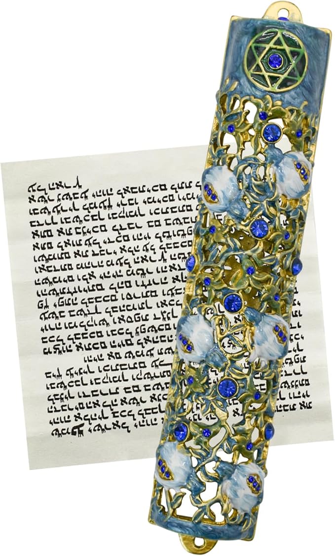 Mezuzah with Scroll for Door, Enamel&Zinc Alloy Blessing Mezuzah Case for Door, Colored Painted Mezuzha Scroll Kosher for Jewish Gifts/Jewish Decor, Christmas (White and Blue, 1.22x5.98 in)