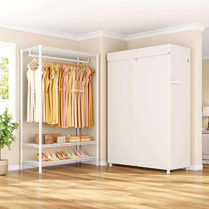 H5C Plus Clothes Rack with Cover, Portable Closet for Hanging Clothes, Covered Clothing Racks Heavy Duty, 3-Tiers Garment Rack with Shelves Max Load 370LBS White Closet Rack with White Cover