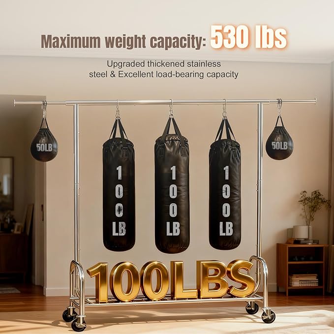 Clothing Garment Rack Capacity 530LBS Rolling Clothes Rack on Wheels - Heavy Duty Commercial Storage Organizer - Portable Hanging Garment Rack For Clothes