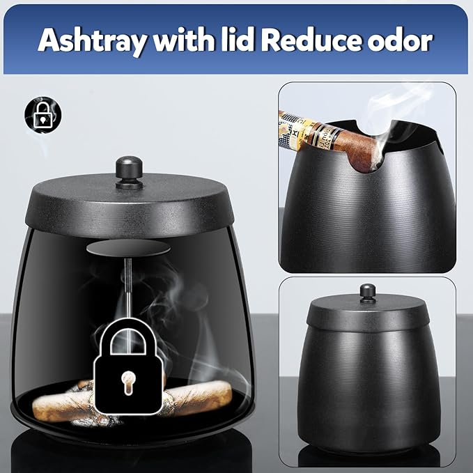 Cigar Ashtray with Lid for Outdoors Indoors Outside Patio Home Black Decor,Large Holder Ash tray Windproof,Cigar Accessories Gift for Men Dad Husband Boyfriend (Large)
