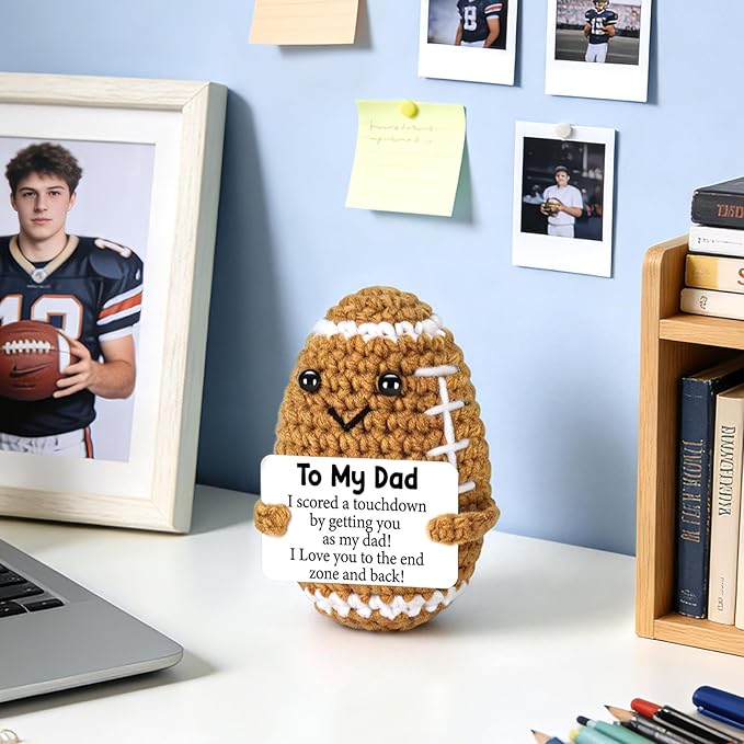 Dad Gifts from Son Daughter Wife, Positive Handmade Crochet Father's Day Birthday Gift, Funny Cute Small Gifts for Dads, I Love You Papa Valentines Day Gift Idea, Unique Football Doll for Step-Dad
