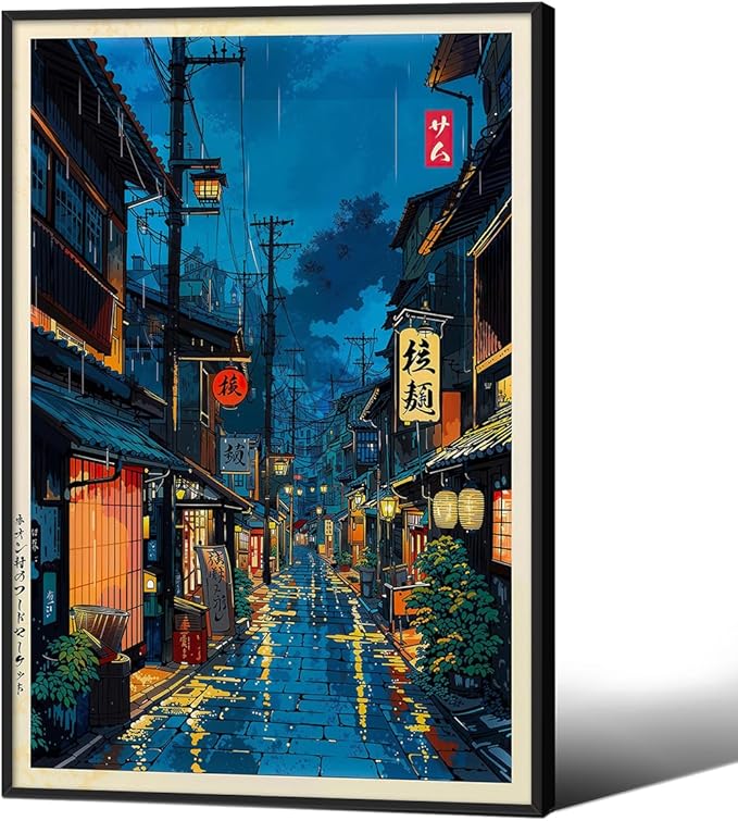 Japanese Tokyo Tea House Canvas Wall Art Japanese City Street Cafe Scene Picture Print Modern Ukiyo-e Decor Poster for Japanese Home Bedroom Decorations Artwork20x30in Black Framed