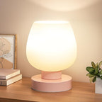 Seealle Pink Touch Table Lamp for Nightstand - Small Bedside Lamp for Bedroom Living Room Night Stands, Desk Lamp with White Glass Shade for Small Spaces, 3 Way Dimmable, LED Bulbs
