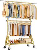 Heavy Duty Clothes Rack for Hanging Clothes, Double Rods Clothing Rack with Lockable Wheels, Rolling Garment Racks with Shelf, Easy to Assemble, Gold