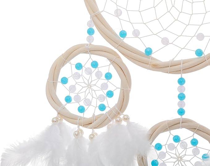 Large Rattan Dream Catchers - Light Blue Rooster Feather with Luxury Pearl, Multiring, Handmade Dreamcatcher for Bedroom, Dream Catcher for Girls, Dream Catchers for Boys, Dream Catcher Wall Decor