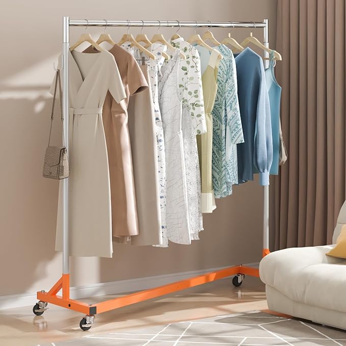 VEVOR Z Rack, 300 lbs Industrial Grade Z Base Garment Rack, 24" x 63" x 71" Clothes Rack, Sturdy Steel Heavy Duty Clothing Rack w/Lockable Casters for Home Garment Store Orange