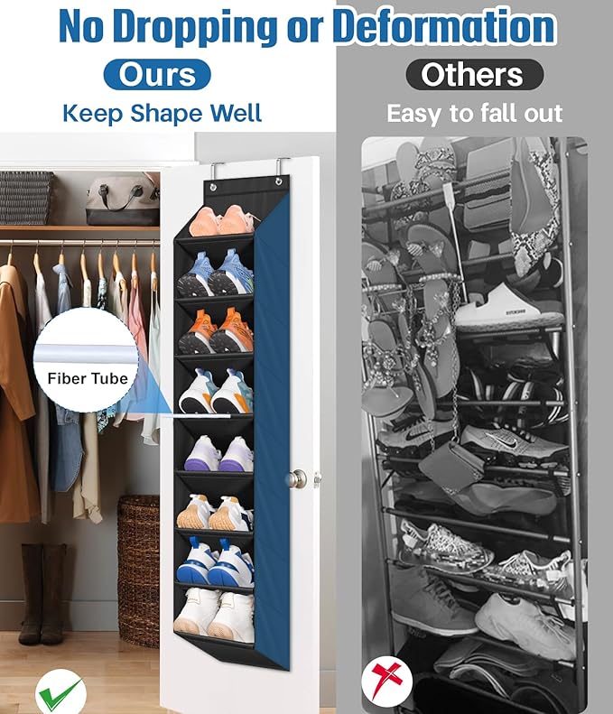 SLEEPING LAMB 2 Pack Narrow Over The Door Shoe Organizer with 8 Large Deep Pockets, Hanging Shoe Rack for Closet Door Storage for Boots, Sneakers (Black)