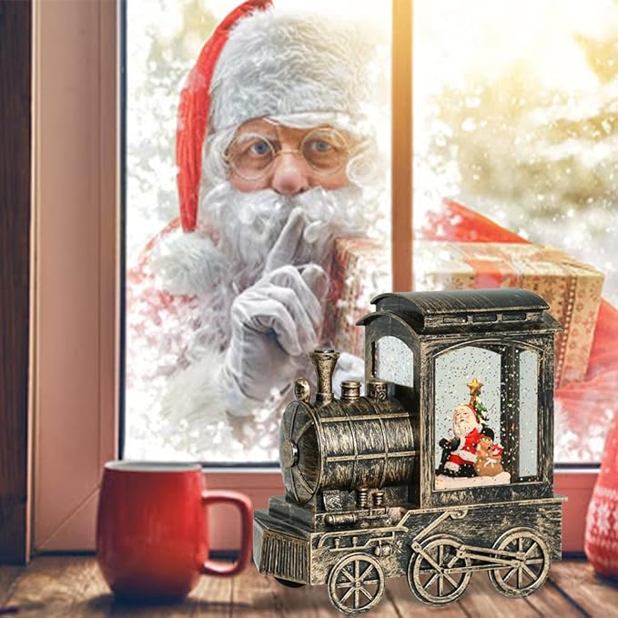 Music Snow Globe Train Lantern with Music and Timer, Battery Operated and USB Cable Santa Lighted Snow Globe Spinning Water Glitter (Bronze, USB Included)