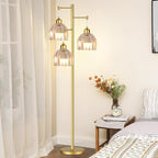 QIYIZM Gold Floor Lamp for Living Room,Bedroom,Tree 3 Light Standing Lamp Mid Century Modern Brass Tall Floor Lamps Vintage Retro Floor Lights Glass Flower Amber Lamp Shade Farmhouse Boho Bohemian
