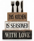 Moucuny 4 Pcs Summer Kitchen Decor Summer Table Decorations Spoon Fork Knife Wooden Stacked Block Decor Rustic Farmhouse Centerpiece Signs "this Kitchen Is Seasoned with Love" for Dining Room
