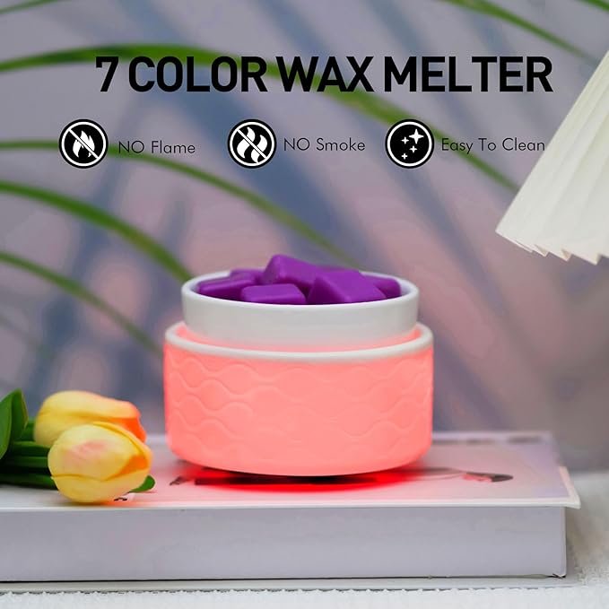 7-Color Changing Wax Melt Warmer, Modern Ripple Design 3-in-1 Electric Candle Warmer with Large Melting Dish, Ceramic Scented Wax Melter Essential Oil Burner for Home Aromatherapy, White
