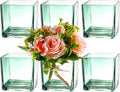 Square Glass Vases Set of 6, 4" x 4" x 4" Square Flower Vases for Centerpieces, Green Vase for Flowers, Small Vase for Wedding, Party, Home Office Decoration