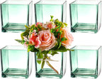 Square Glass Vases Set of 6, 4" x 4" x 4" Square Flower Vases for Centerpieces, Green Vase for Flowers, Small Vase for Wedding, Party, Home Office Decoration