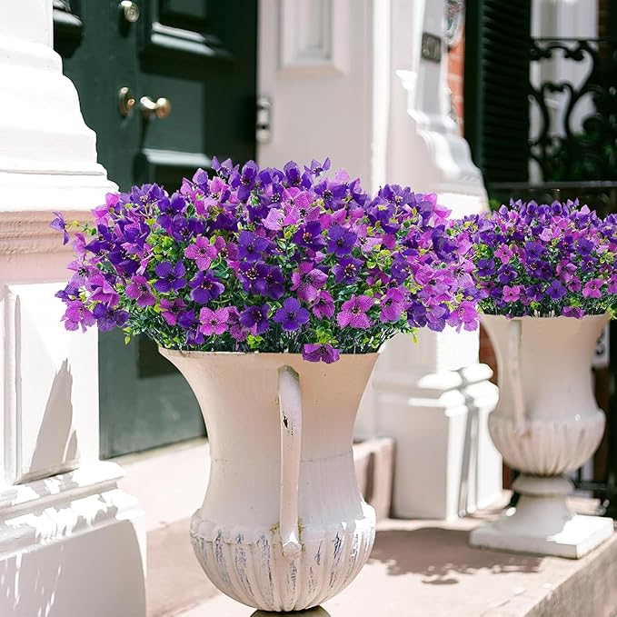 Artificial Faux Plants Flowers Outdoor Spring Summer Decoration, 12 Bundles Fake Silk Colorful Daisy Eucalyptus Realistic UV Resistant for Outside Home Planter Porch Patio Yard Decor (Purple)