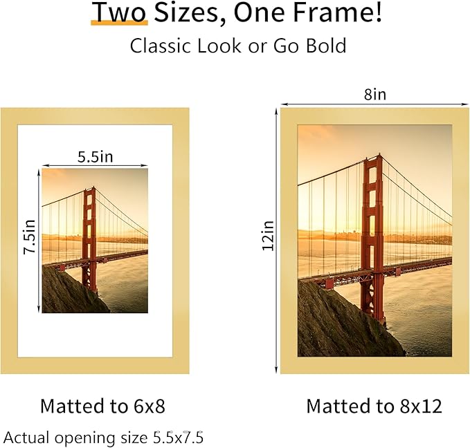8x12 Picture Frame 3 Pack - Gold Poster Frame Display Pictures 6x8 with Mat or 8 x 12 Without Mat for Wall Hanging Horizontal and Vertical