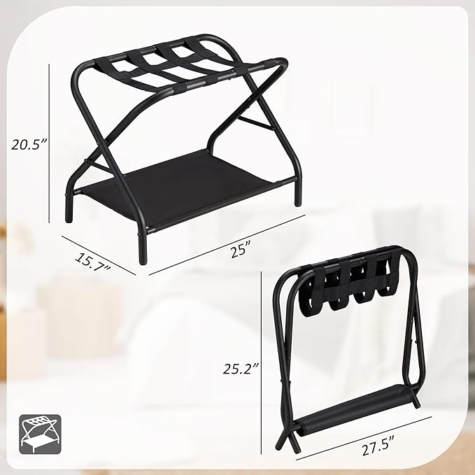 Luggage Rack Set of 2, Foldable Suitcase Stand with Fabric Storage Shelf Easy Assemble Metal Luggage Holder with Straps for Guest Room Bedroom Hotel, Black