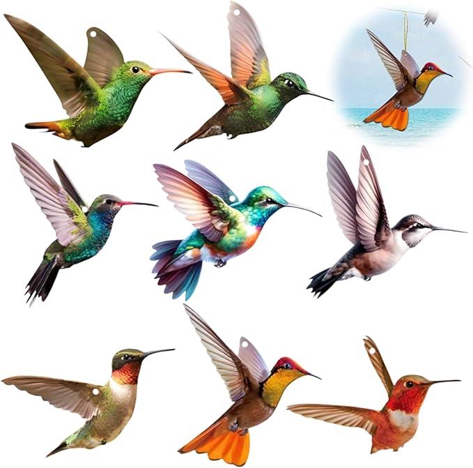 Bird Acrylic Hanging Ornament - 8Pcs Flying Birds Christmas Tree Ornaments, Xmas Tree Ceiling Pendants with Lanyard Tote Rearview Mirror Window Charms Gift for Men Women (Hummingbird 2)