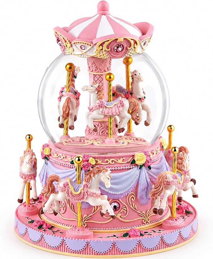 Remote Control Carousel Snow Globe Music Box, Pink Merry Go Round Horse Music Box with Lights, Plays 64 Tunes, Romantic Birthday Christmas for Daughter Wife Mom Granddaughter