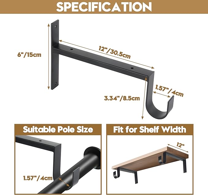 AddGrace Heavy Duty Closet Rod and Shelf Brackets 12 Inch Wall Mounted Closet Rod Bracket with Pole Holder Shelving Support with Screws for Laundry (4 Pack)