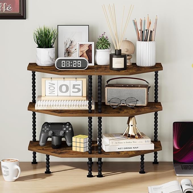 YINMIT Corner Shelf Stand, Standing Corner Display Shelf, Corner Organizer Shelf for Living Room, Bedroom, Bathroom, Kitchen, Small Spaces (Rustic Brown, 3 Tier)