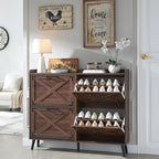 Shoe Storage Cabinet,Farmhouse Shoe Organizer with 4 Flip Drawers & Barn Door Design,Hidden Slim Narrow Shoe Rack Cabinet for Entryway,Foyer,Hallway,Walnut