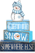 Lineshading 4 Pcs Snowman Christmas Table Decorations Blue and White Wooden Snowman Stacked Block Sign Gifts Winter Tiered Tray Decor Rustic Winter Centerpiece for Wonderland Party Home Kitchen