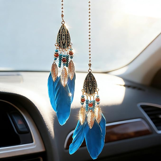 Mini Dream Catcher for Car Rear View Mirror Accessories - Handmade Small Dreamcatchers Boho Car Charm Interior Decor(Blue)