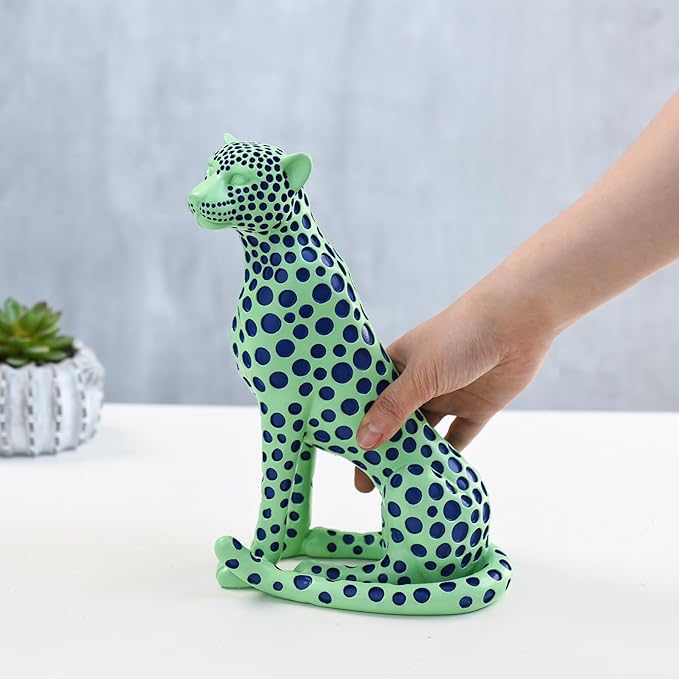 Quoowiit Statues for Home Decor, Modern Sculptures and Statues Decorations for Living Room, Bedroom, Table, Bookshelf, White Resin Leopard Art Decorative Sculpture with Black Polka Dots Design