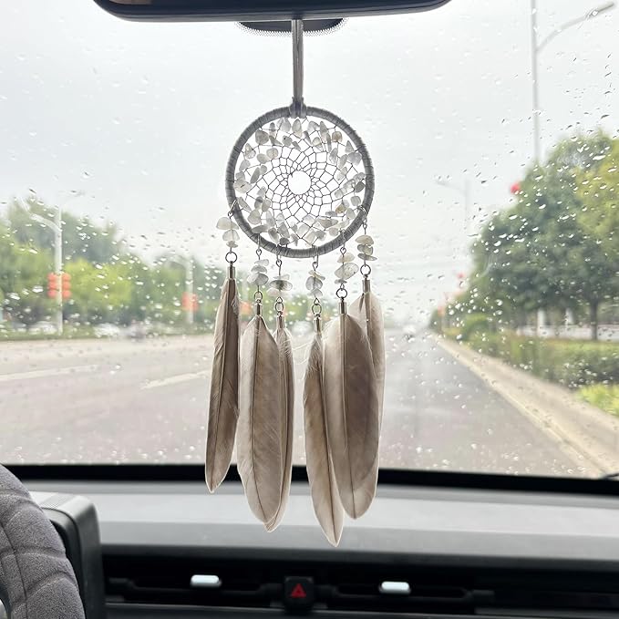 Car Rear View Mirrior Hanging Accessories Gray Dream Catcher Small, Crystals Stones Feather Pendant Interior Rearview Mirror Decoration