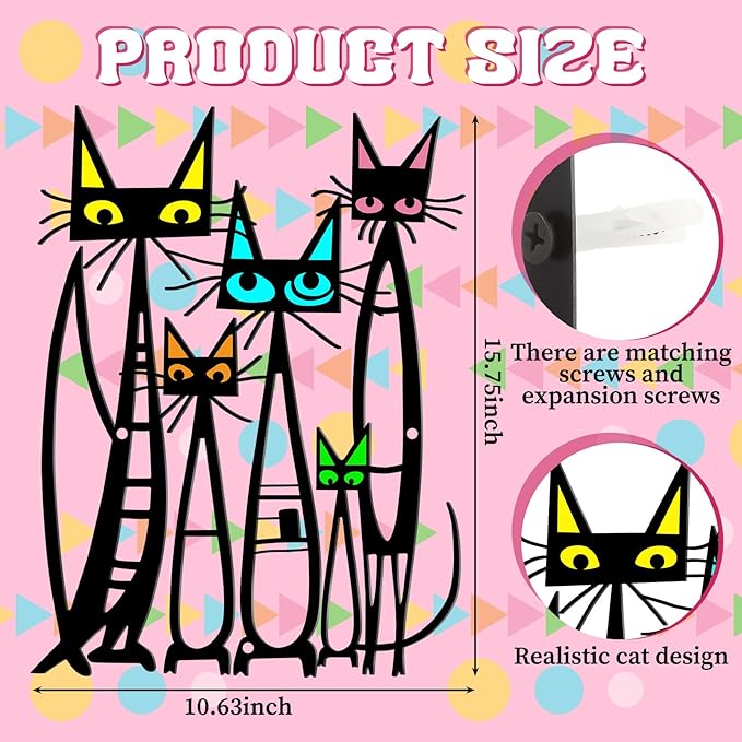 Wesiti Cat Wall Art Decor Iron Wall Sculptures Decor for Cats Lover 10.6 x 15.7 Inches Colorful Mid Century Cat Retro Signs for Home Living Room Bedroom Kitchen Office(Fashion)
