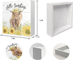Mtrgdn Summer Decor,Sunflower Highland Cow Decorations, Tiered Tray Decor Western Cow Farmhouse Hello Sunshine Wood Box Sign for Desk Wall Shelf,Gift for Highland Cow Lovers 5x5 Inch