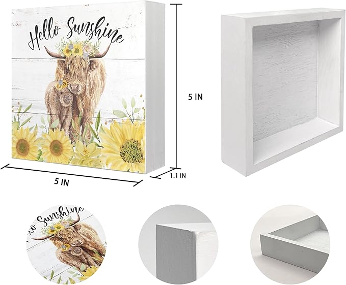 Mtrgdn Summer Decor,Sunflower Highland Cow Decorations, Tiered Tray Decor Western Cow Farmhouse Hello Sunshine Wood Box Sign for Desk Wall Shelf,Gift for Highland Cow Lovers 5x5 Inch