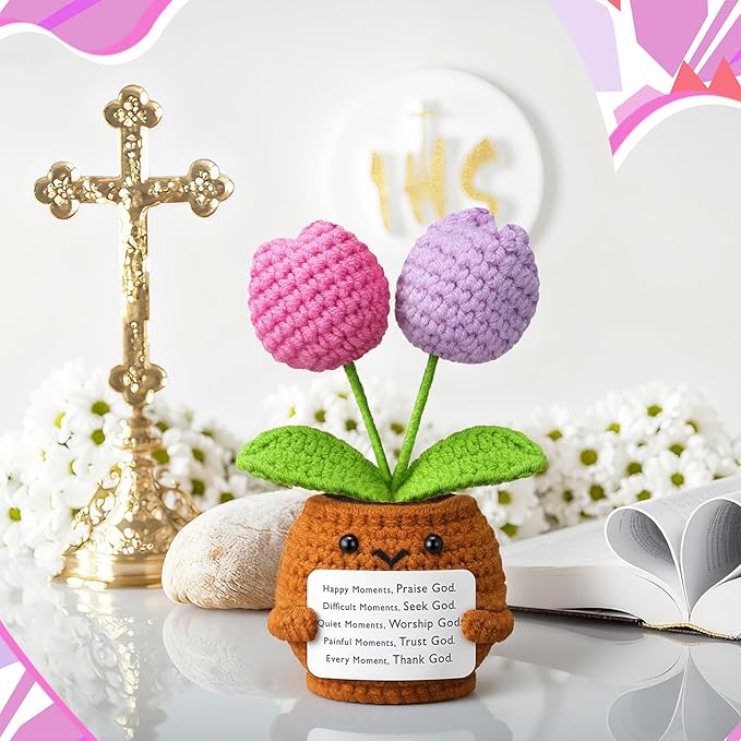 Wavwavw Christian Gift for Women Positive Handmade Tulips Flower Crochet Doll with Bible Verse Prayer Card Inspirational Scripture Religious Crochet for Christmas Sunday Group Church