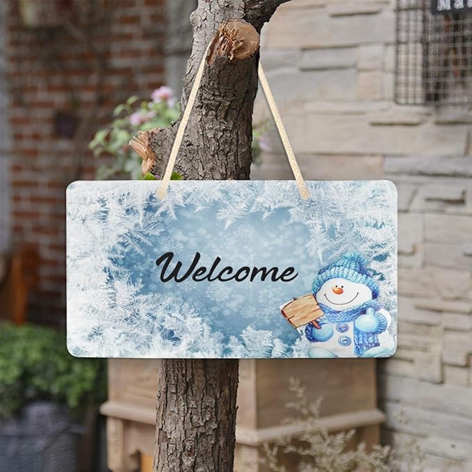Blueangle Blue Snowman Welcome Sign - Front Door Decor Wall Hanging Acrylic Plaque Porch Decorations for Home